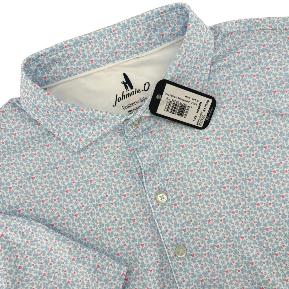 Johnnie-O Mens Four Leaf Featherweight Polo Kona Blue Pink JMPO101760 Medium NWT